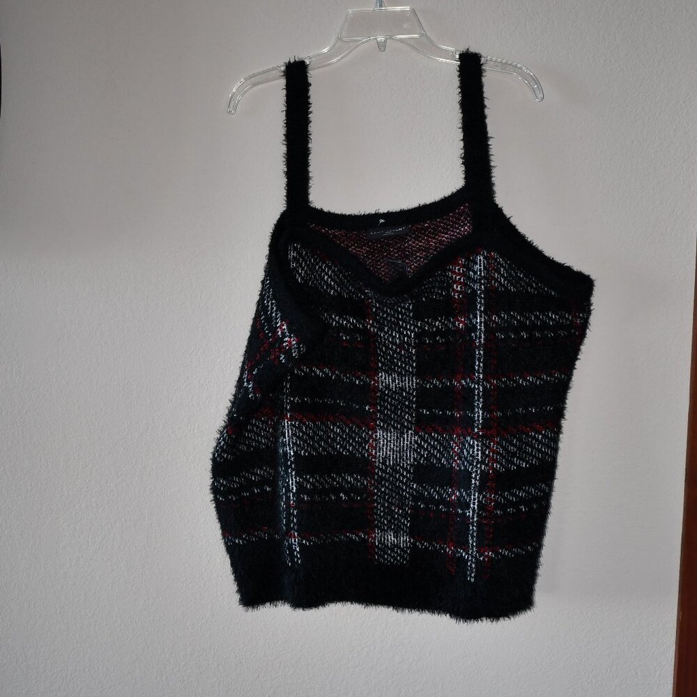 Lane Bryant Plus Classic Red/Black Plaid Fuzzy Jacquard Tank Top Sweater